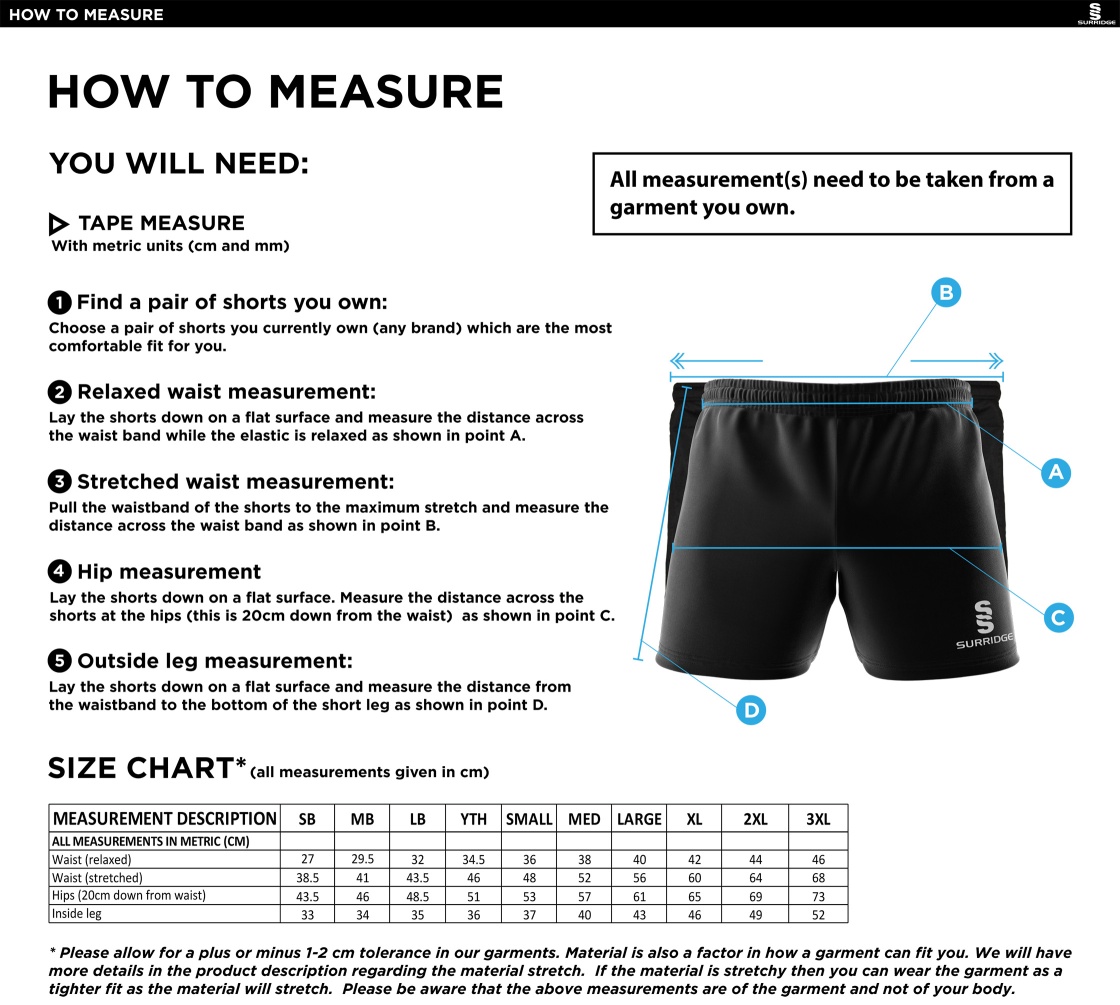 Eastonians CC - Dual Gym Shorts - Size Guide