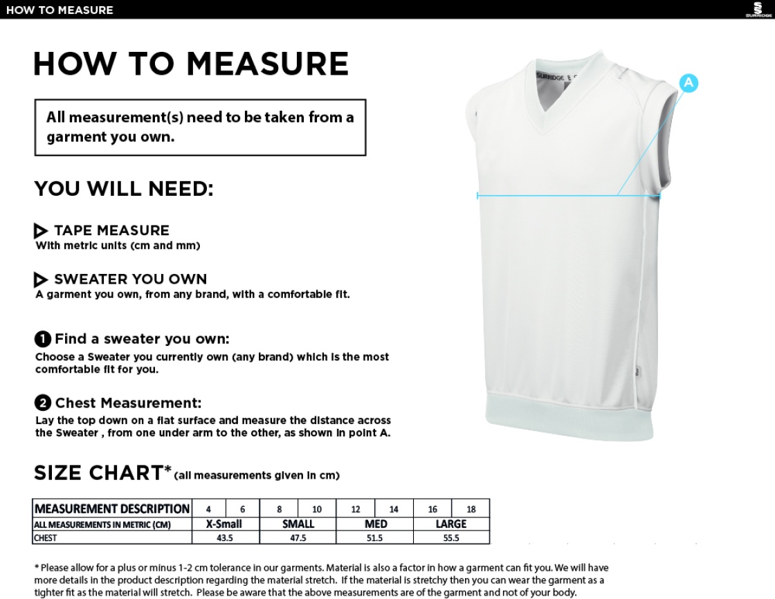 Eastonians CC Blast Sleeveless Womens Cricket Sweater - Size Guide