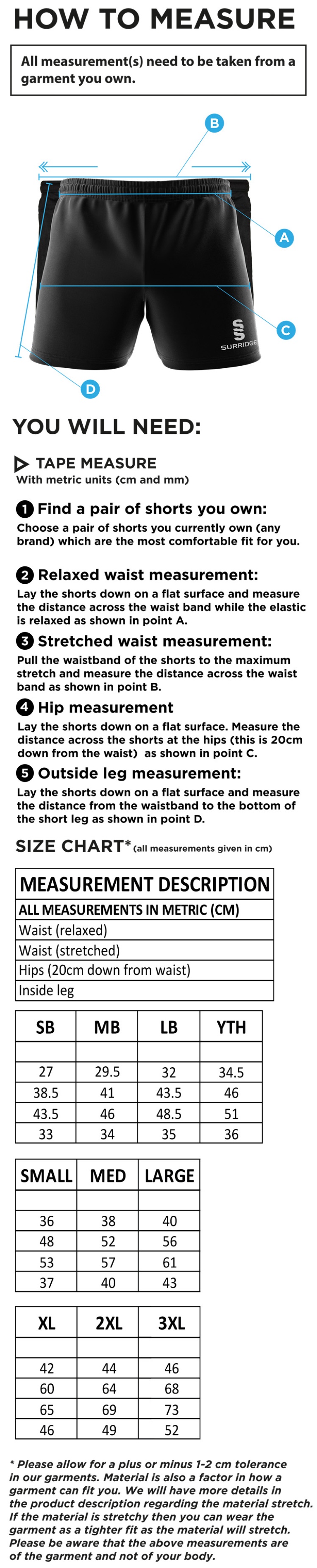 Eastonians CC - Dual Gym Shorts - Size Guide