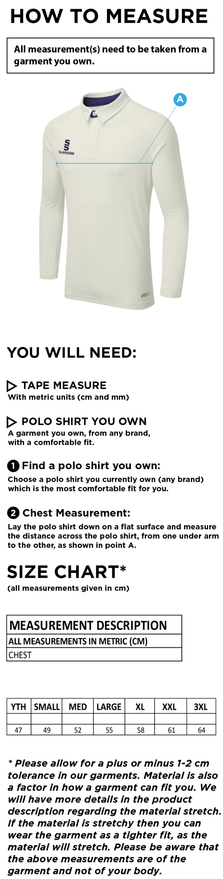 Eastonians CC - Ergo Long Sleeve Playing Shirt - Size Guide