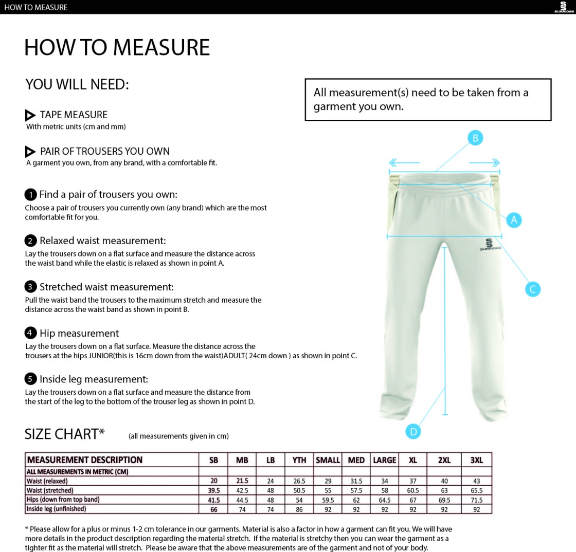Eastonians CC - Standard Fit Cricket Trousers - Size Guide
