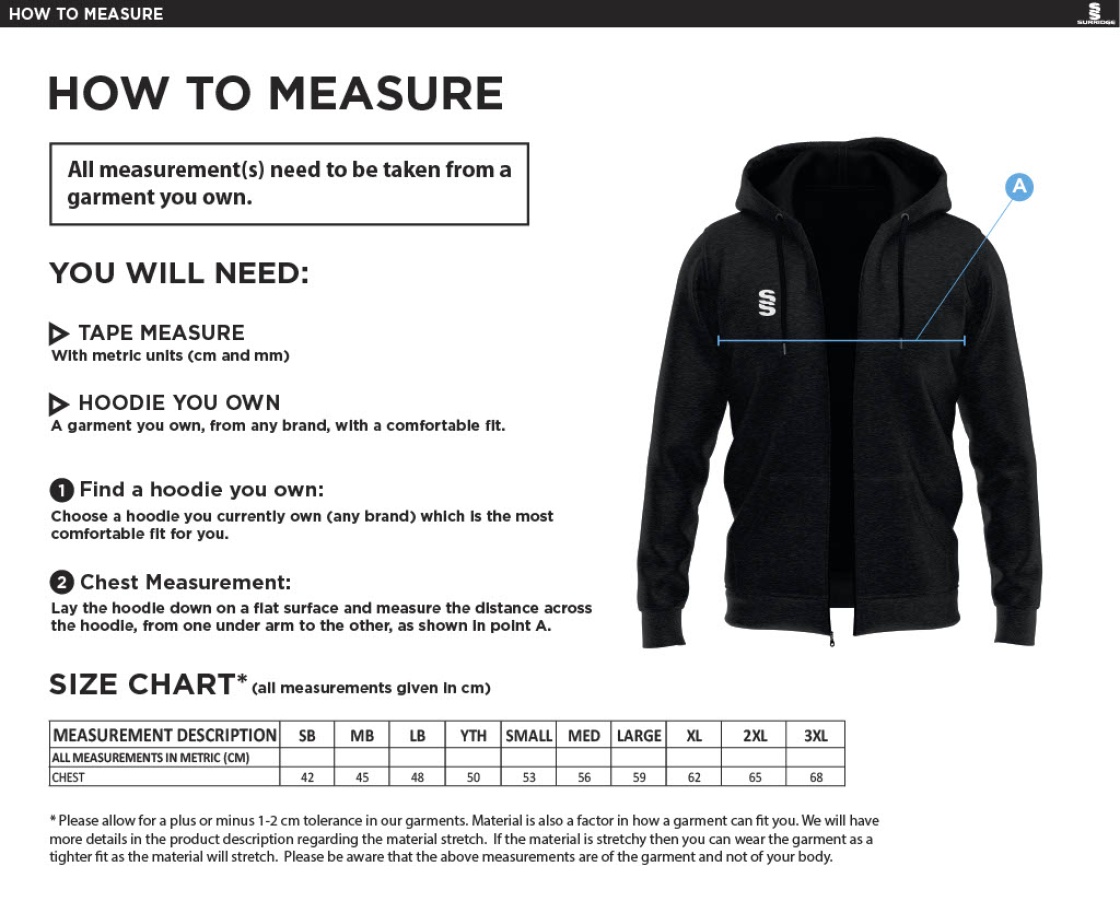 Eastonians CC - Dual Bonded Full Zip Hoody - Size Guide