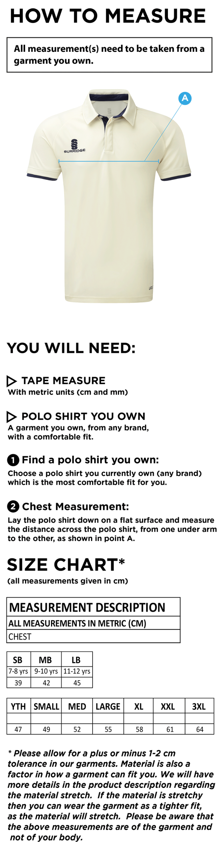 Eastonians CC - Ergo Short Sleeve Playing Shirt - Size Guide