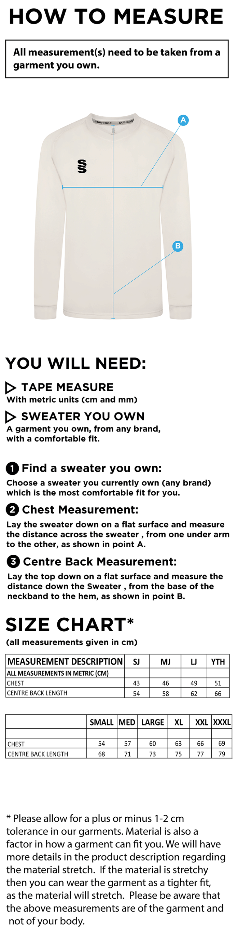 Eastonians CC Blast Long Sleeve Cricket Sweater - Size Guide