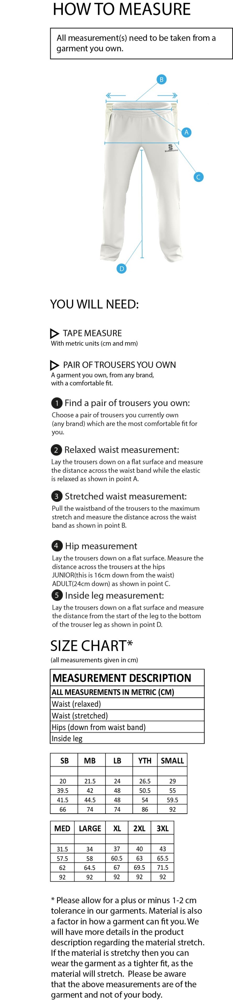 Eastonians CC - Standard Fit Cricket Trousers - Size Guide