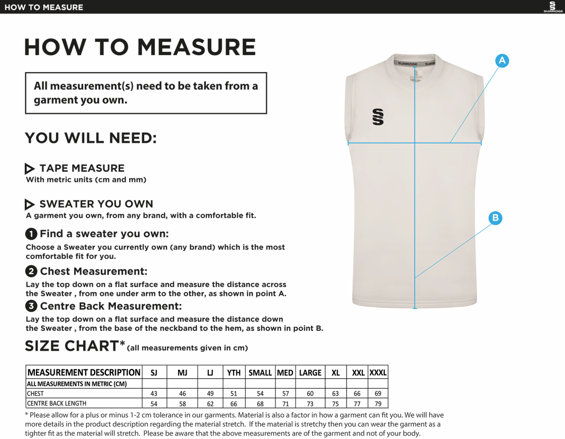 Eastonians CC Blast Sleeveless Cricket Sweater - Size Guide
