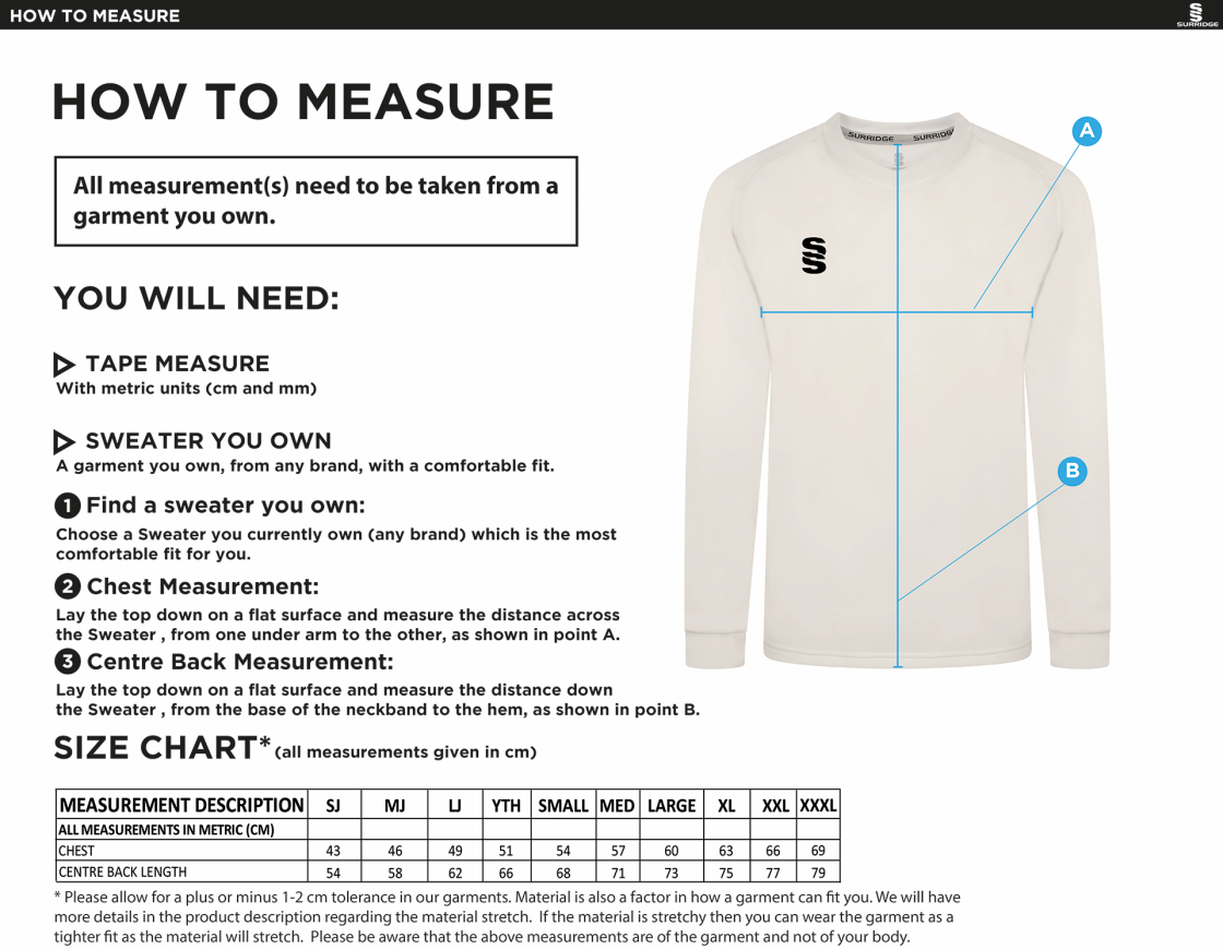 Eastonians CC Blast Long Sleeve Cricket Sweater - Size Guide