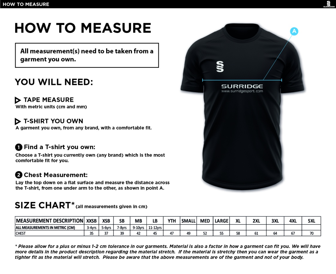 Eastonians CC - Dual Games Training Shirt - Size Guide