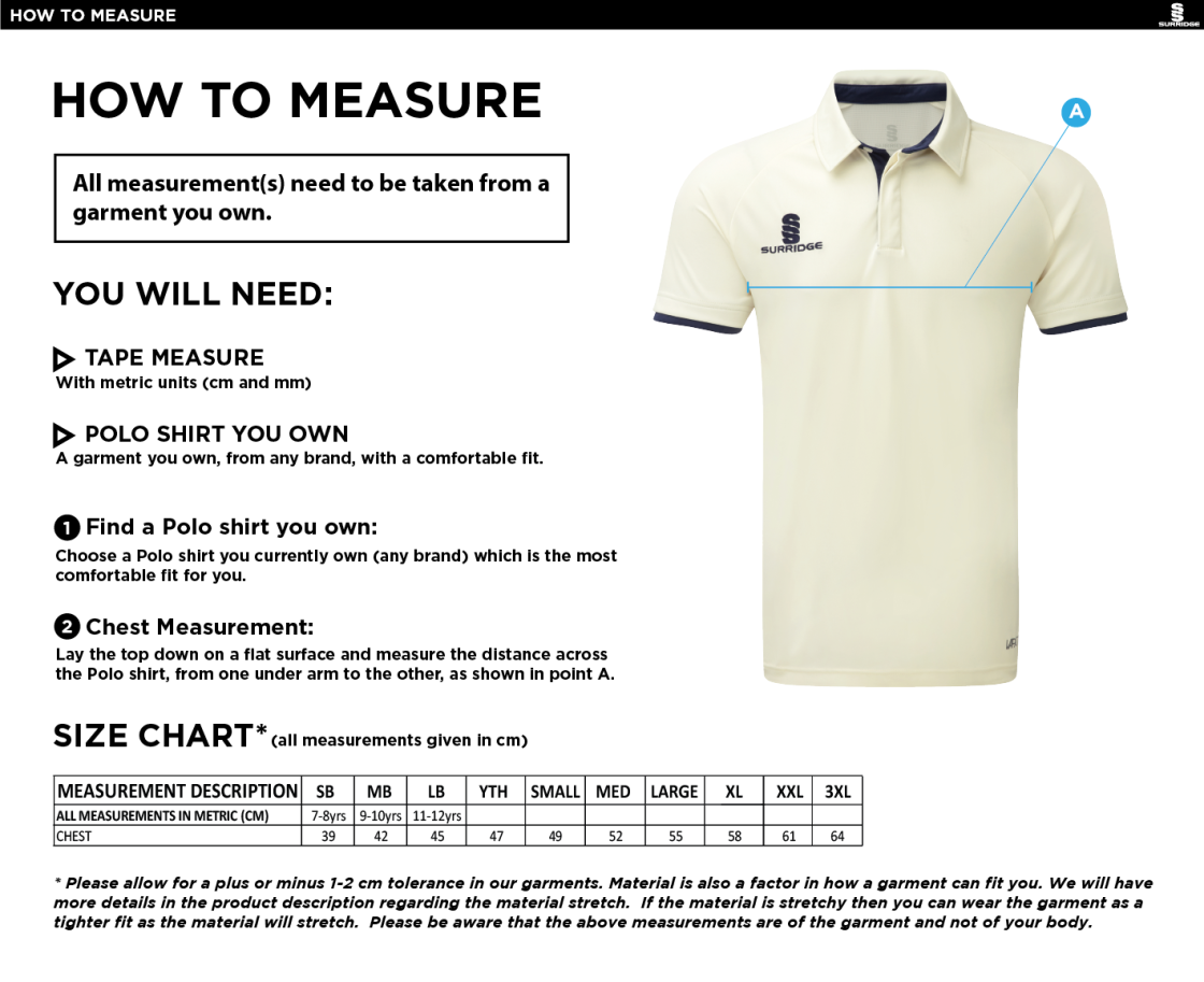 Eastonians CC - Ergo Short Sleeve Playing Shirt - Size Guide