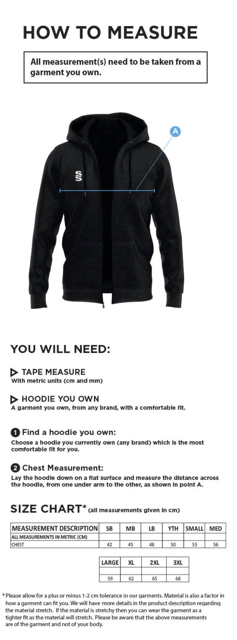 Eastonians CC - Dual Bonded Full Zip Hoody - Size Guide