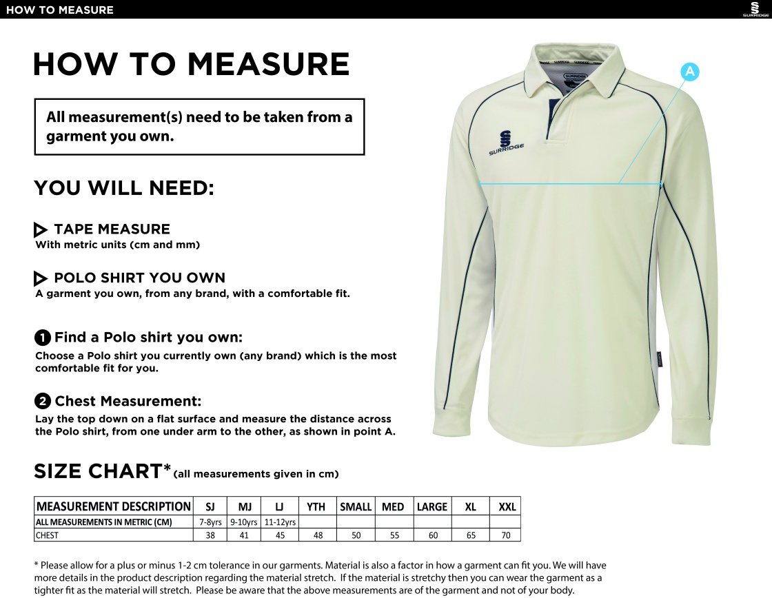 Eastonians CC - Premier Long Sleeve Playing Shirt - Size Guide