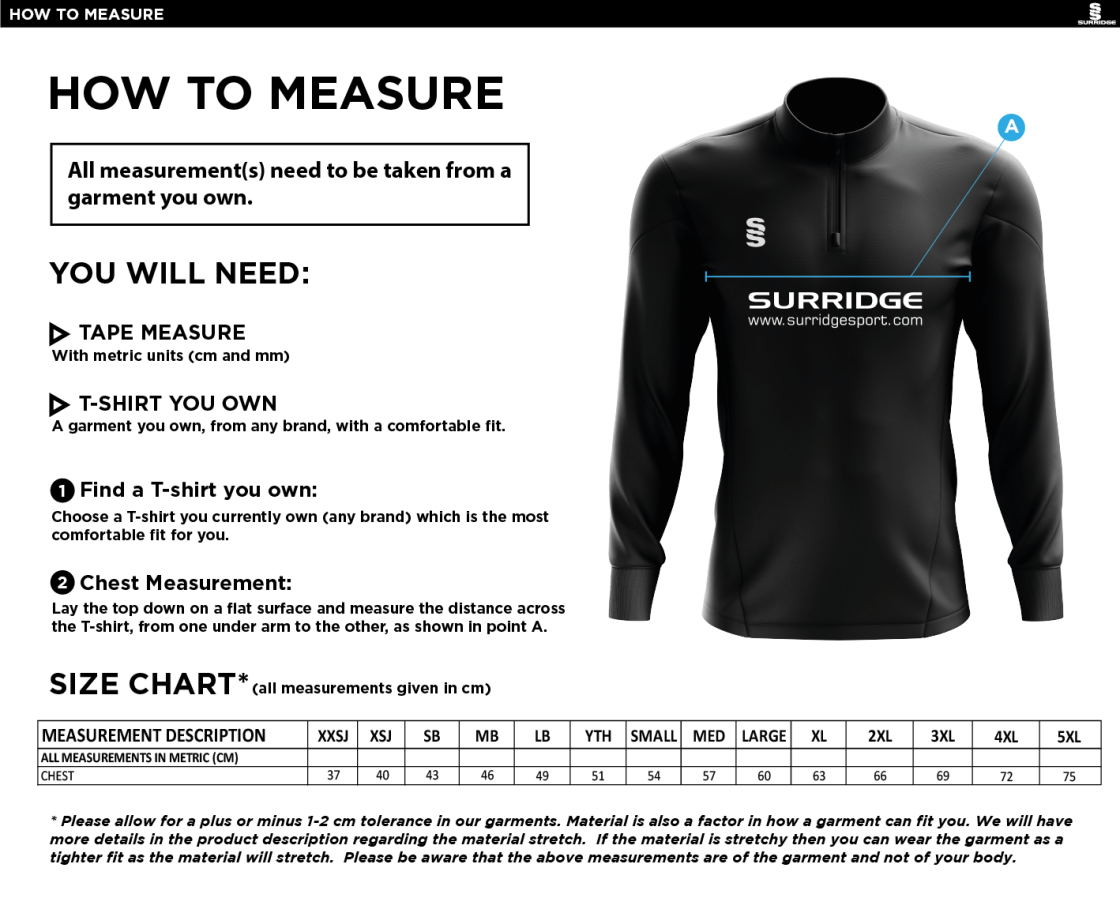 Eastonians CC - Dual Performance 1/4 Zip Top - Size Guide