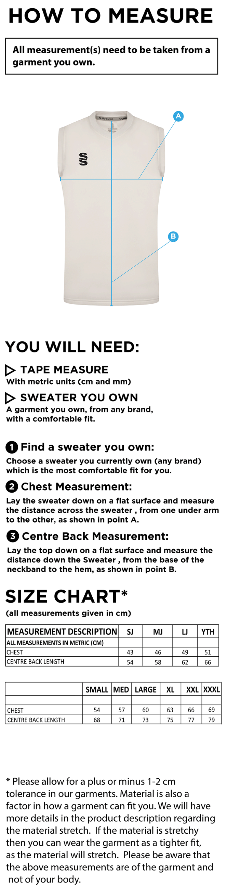 Eastonians CC Blast Sleeveless Cricket Sweater - Size Guide