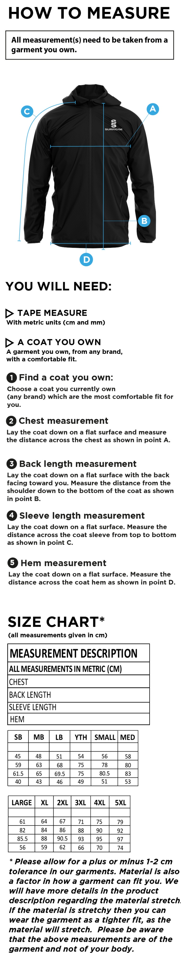Eastonians CC - Lightweight Full Zip Training Jacket - Size Guide