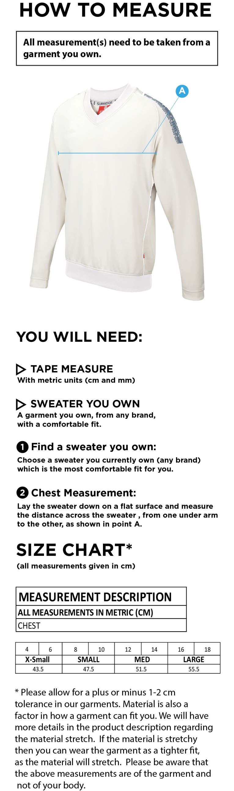 Eastonians CC Blast Long Sleeve Womens Cricket Sweater - Size Guide