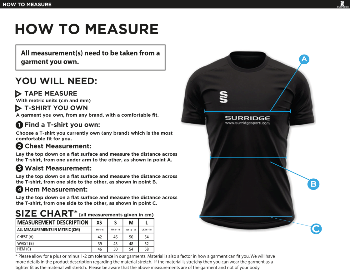 Eastonians CC - Women's Dual Polo Shirt - Size Guide