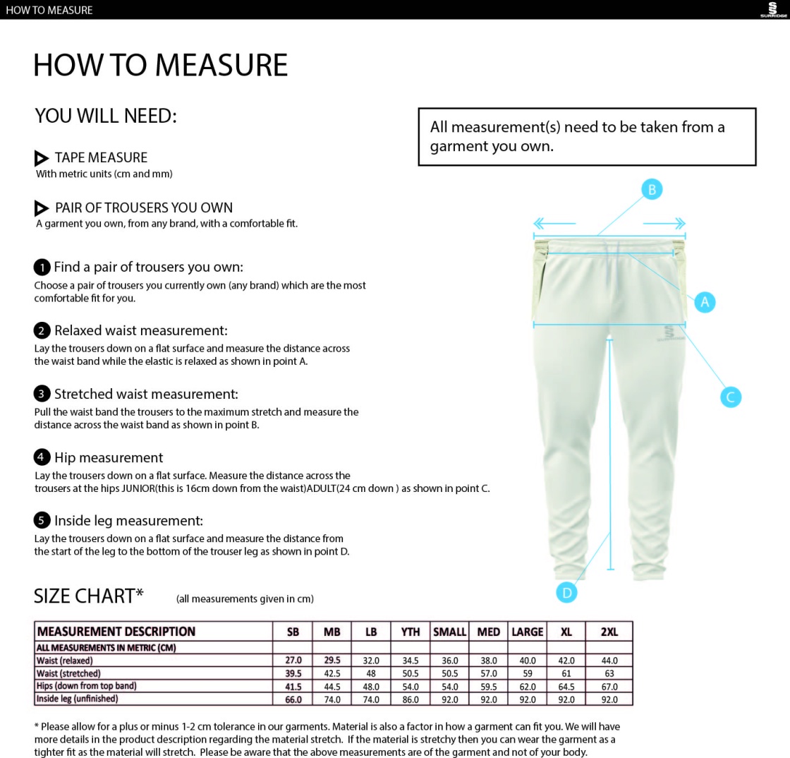 Eastonians CC - Tapered Fit Cricket Trousers - Size Guide