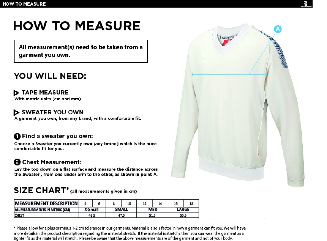 Eastonians CC Blast Long Sleeve Womens Cricket Sweater - Size Guide