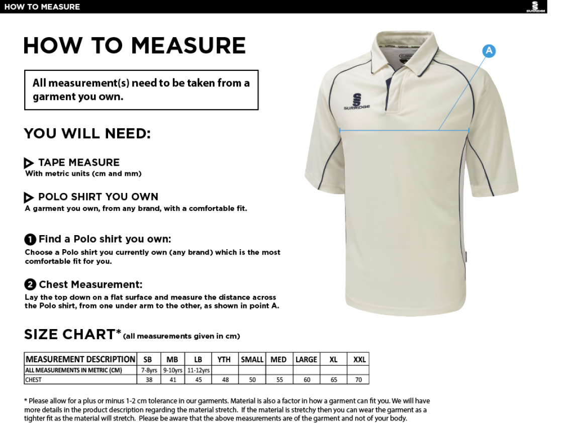 Eastonians CC - Premier 3/4 Sleeve Playing Shirt - Size Guide
