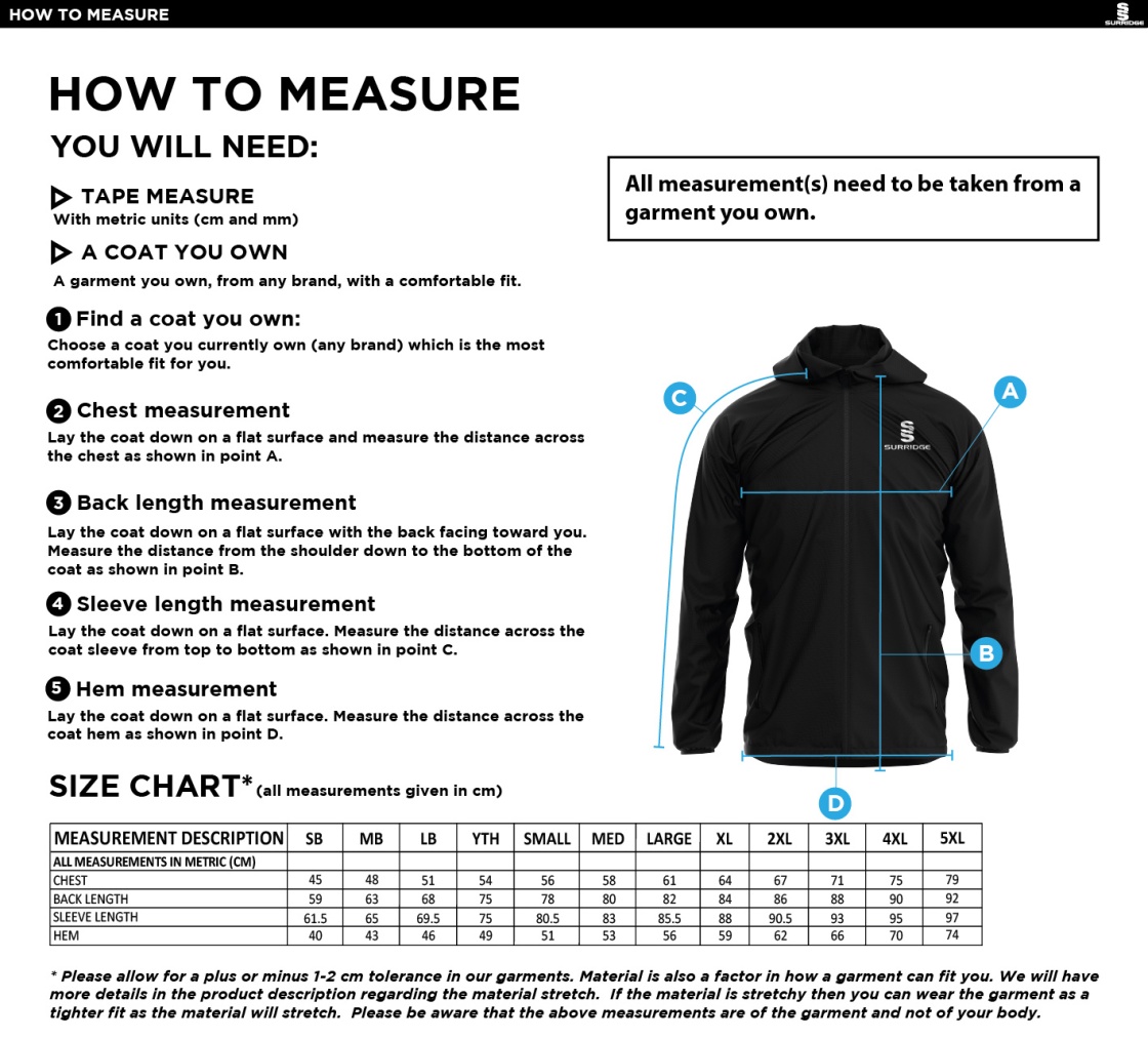 Eastonians CC - Lightweight Full Zip Training Jacket - Size Guide
