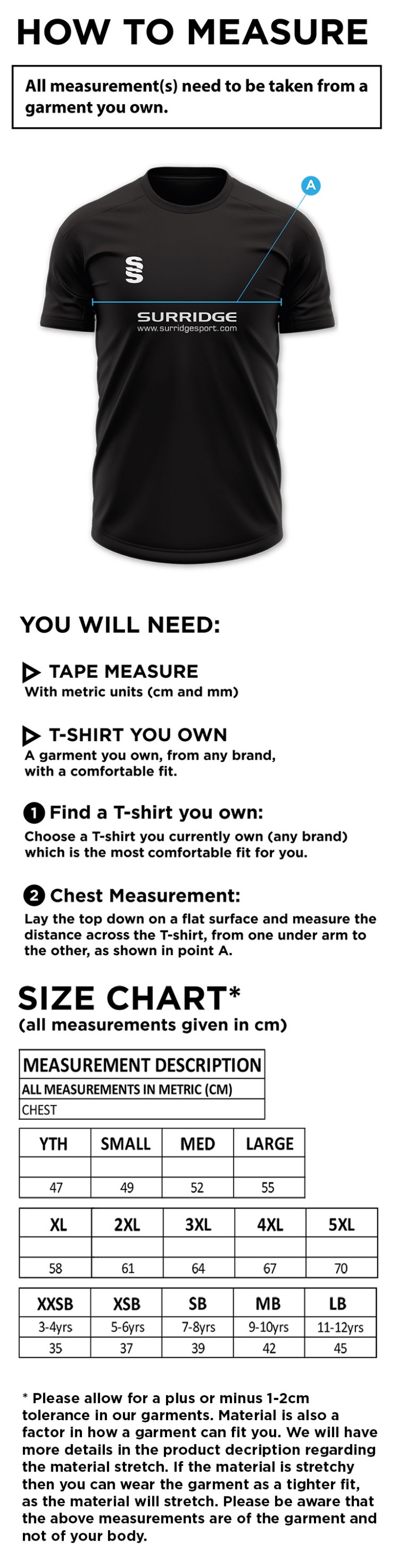 Eastonians CC - Dual Gym Shirt - Size Guide