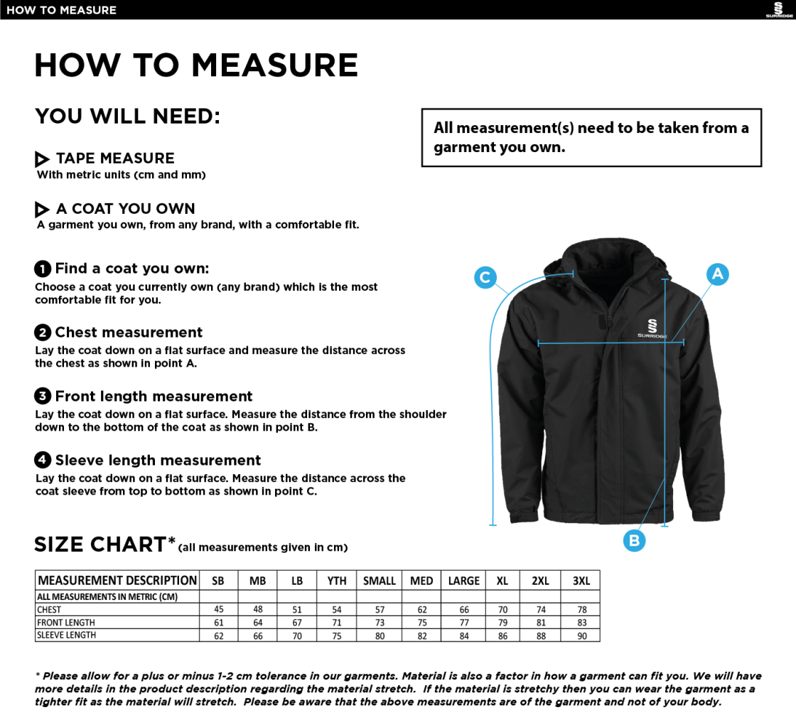 Eastonians CC - Fleeced Line Jacket - Size Guide