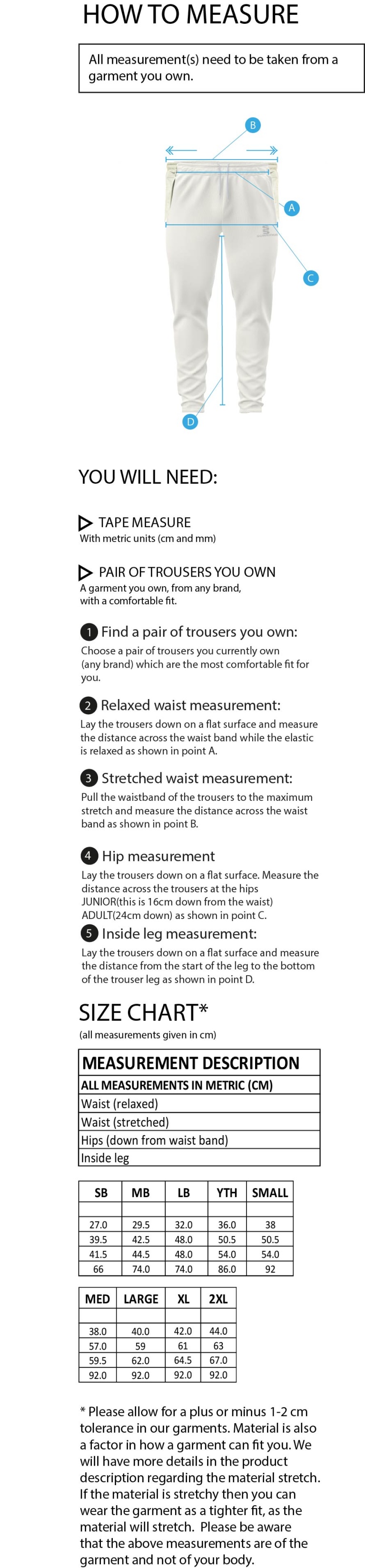 Eastonians CC - Tapered Fit Cricket Trousers - Size Guide