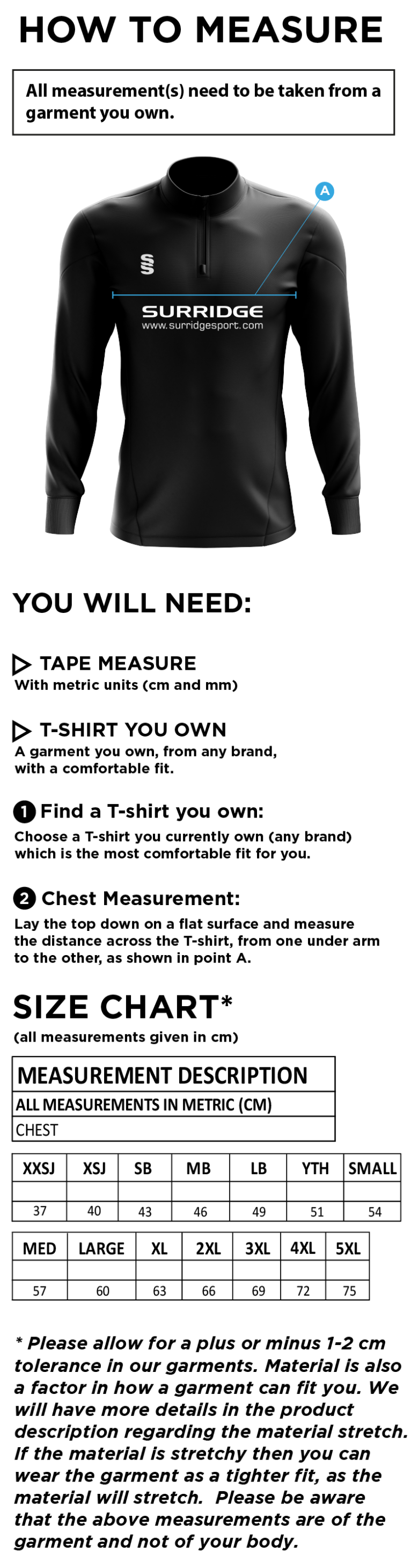 Eastonians CC - Dual Performance 1/4 Zip Top - Size Guide