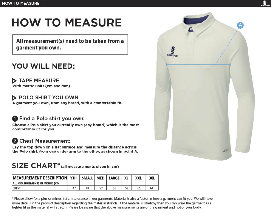 Eastonians CC - Ergo Long Sleeve Playing Shirt - Size Guide