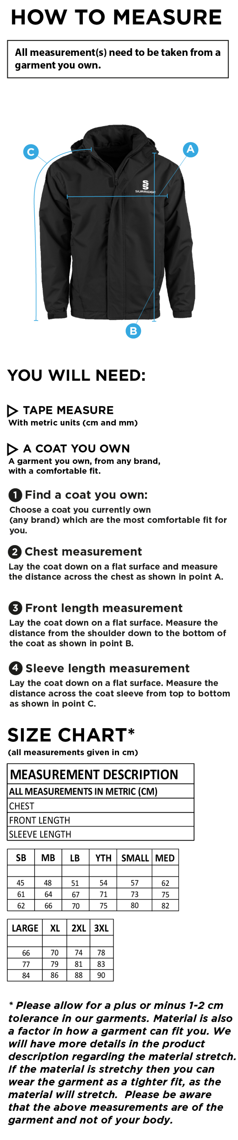 Eastonians CC - Fleeced Line Jacket - Size Guide