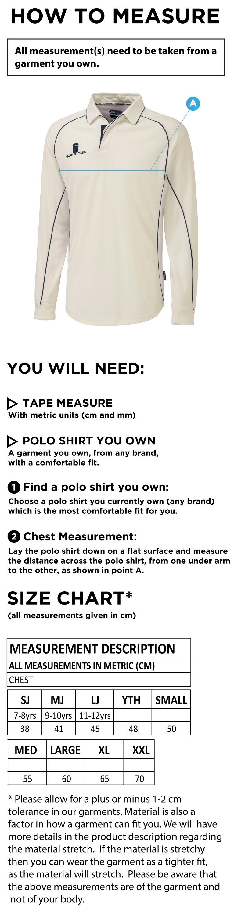 Eastonians CC - Premier Long Sleeve Playing Shirt - Size Guide
