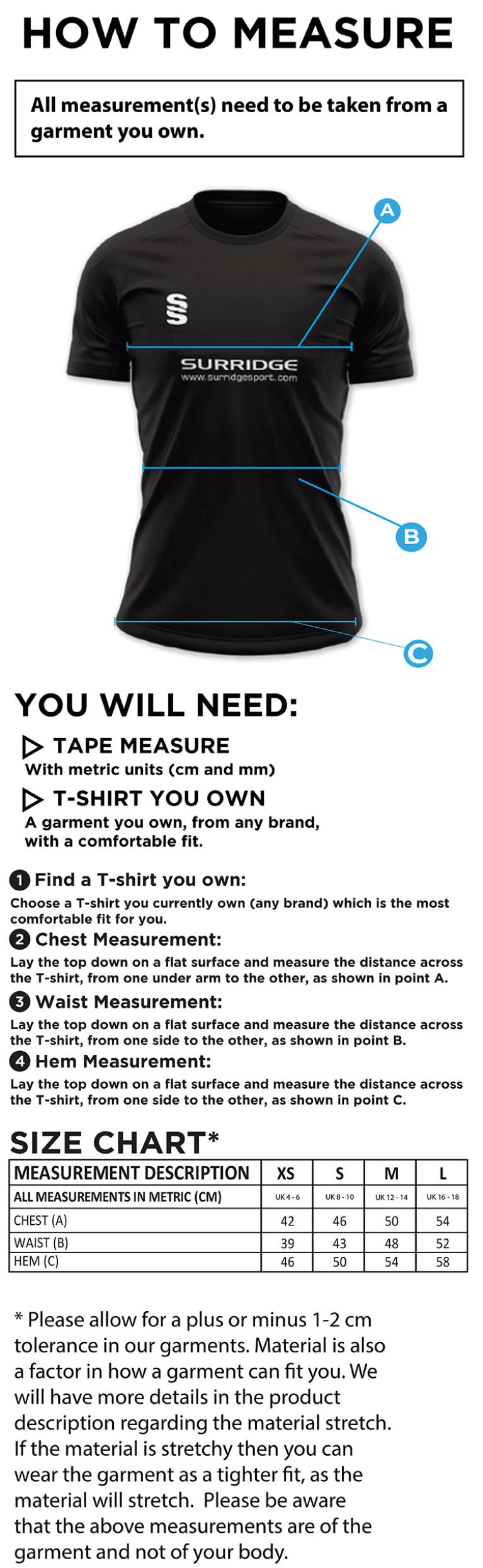 Eastonians CC - Women's Dual Polo Shirt - Size Guide